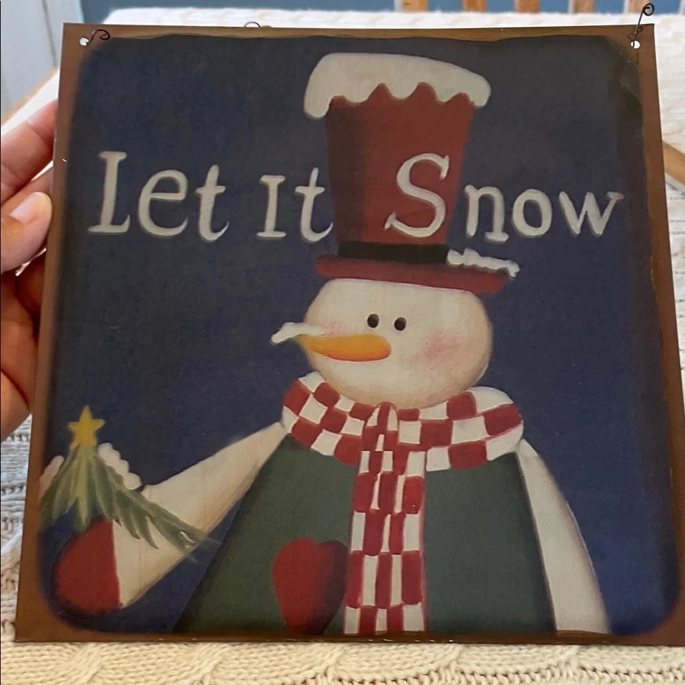 2 Tin snowman decorations w/ wire hanger. 8.6” square. Winter Christmas decor